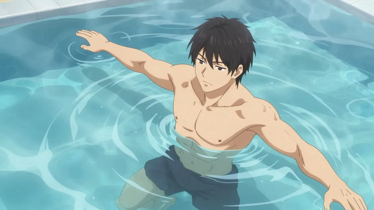 Handsome anime man doing aquatic exercises in a clear pool