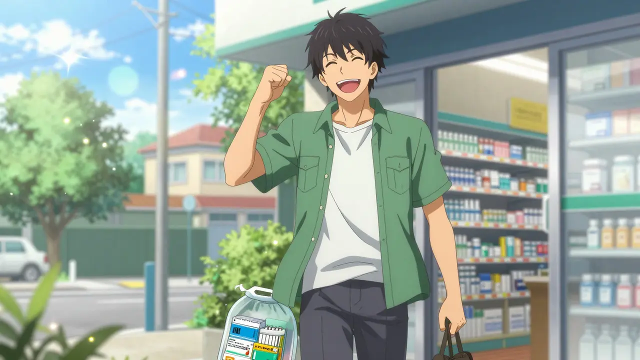 Happy anime man leaving pharmacy with a single organized medication bag