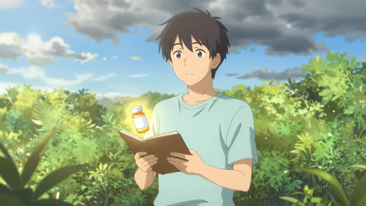 Hopeful young man in a sunny garden holding a notebook, symbolizing recovery and control