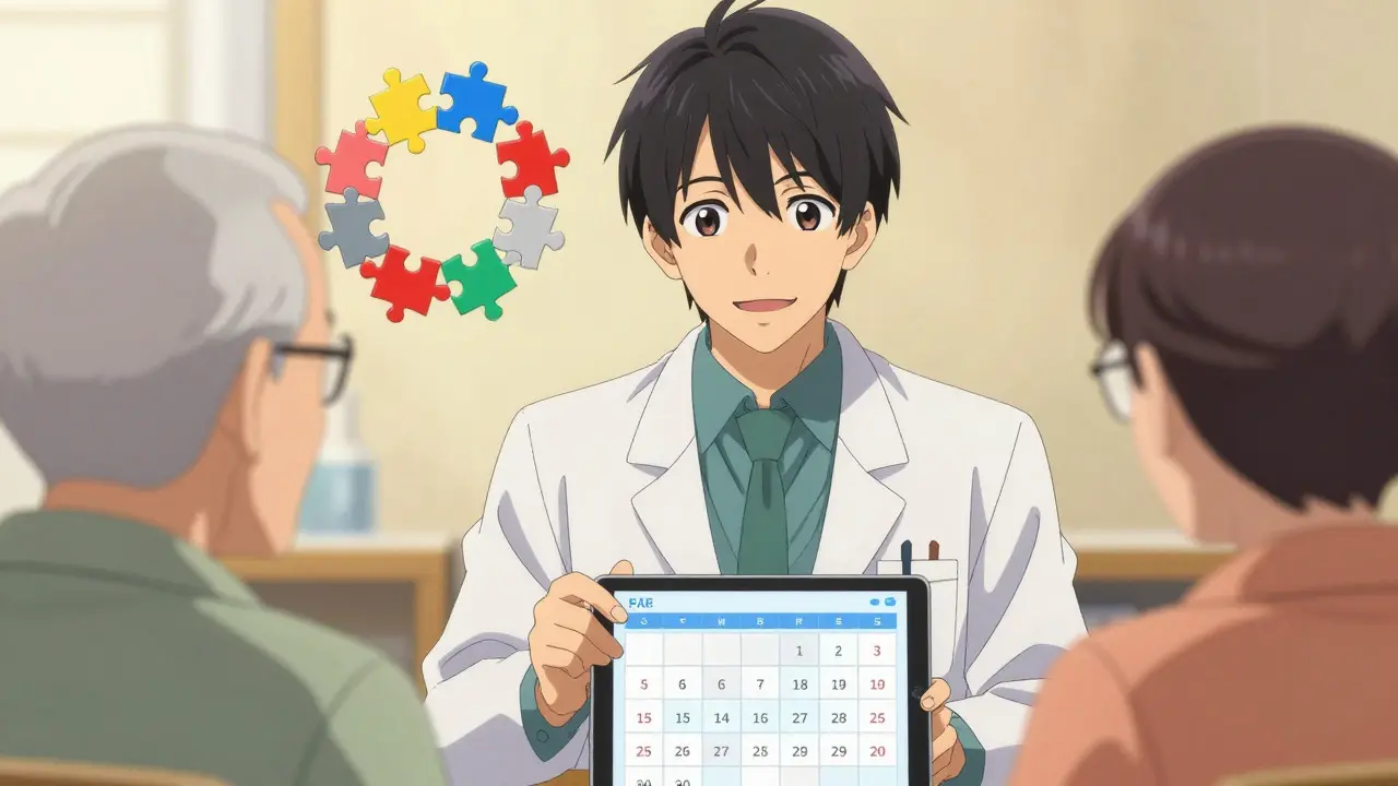 Kind anime pharmacist helping an elder sync medication dates on a tablet