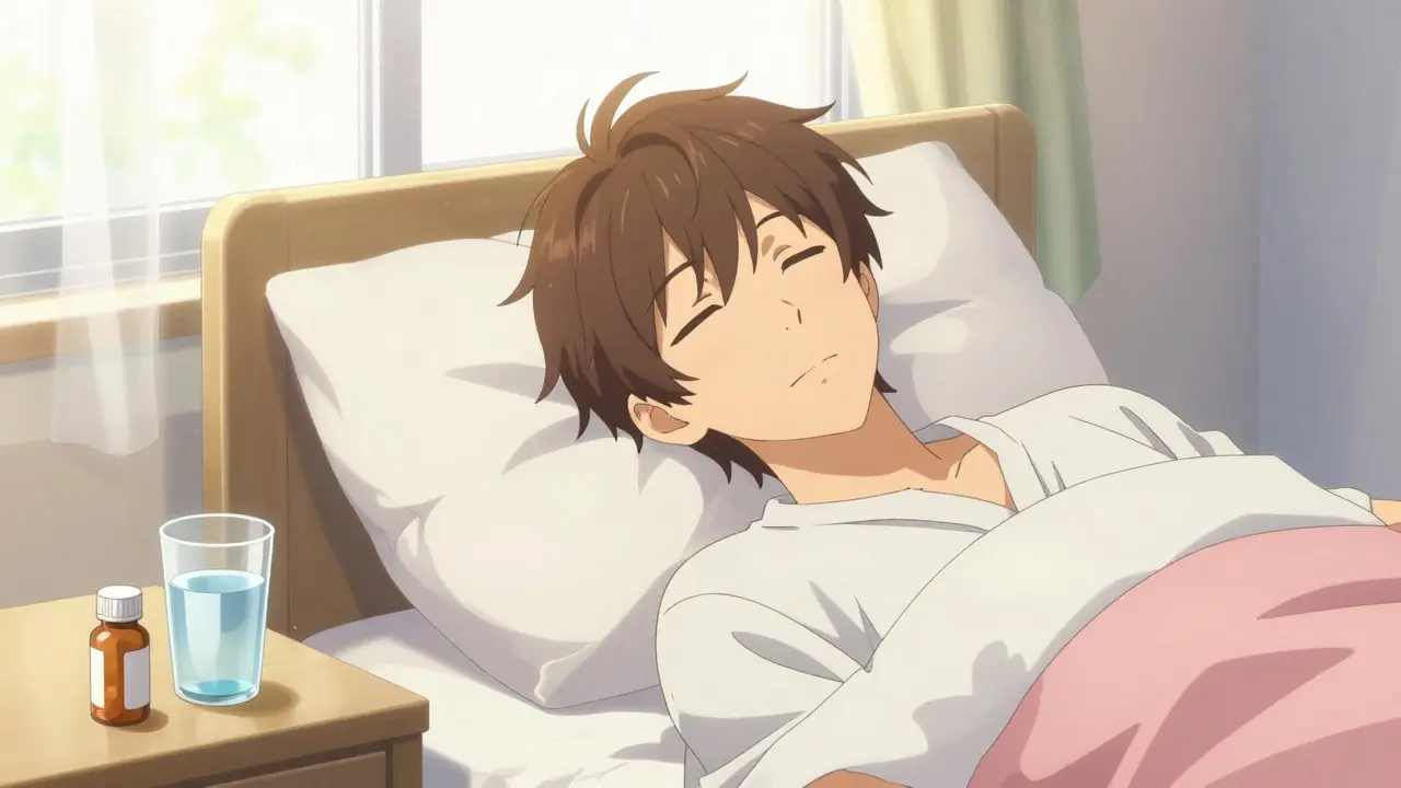 Peaceful anime man waking up refreshed after treatment