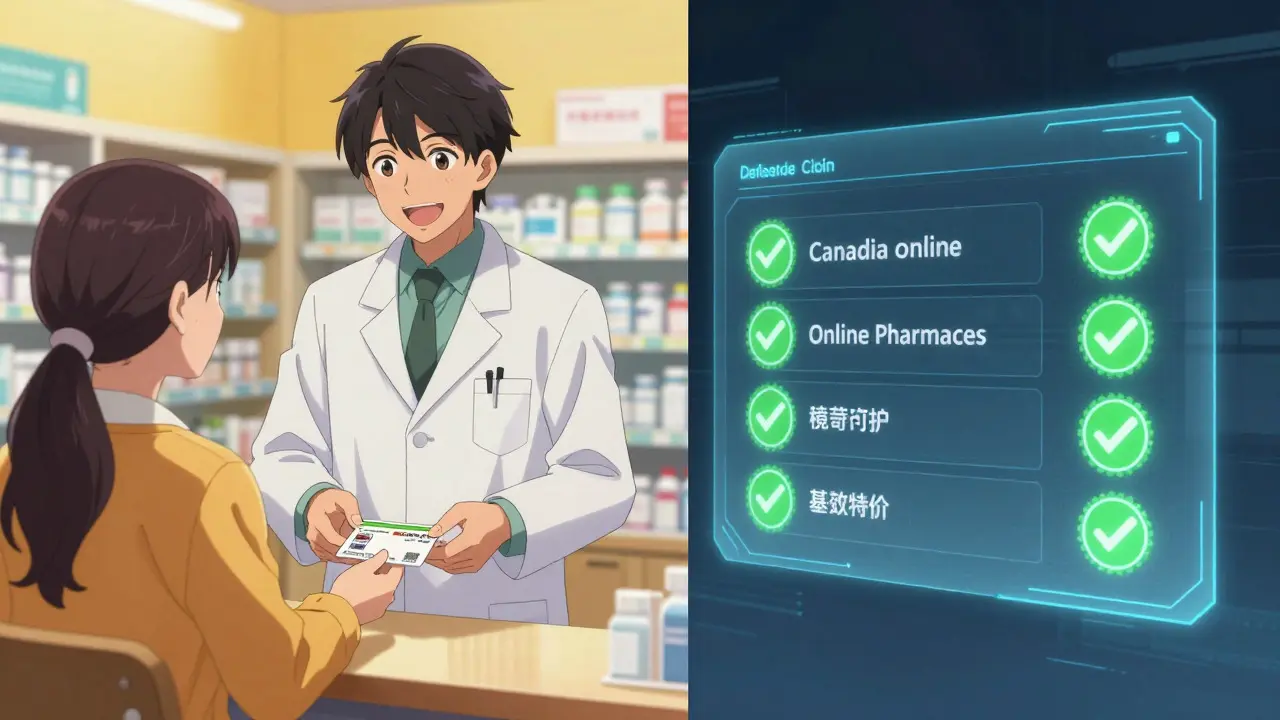 Pharmacist handing discount card next to secure online icon
