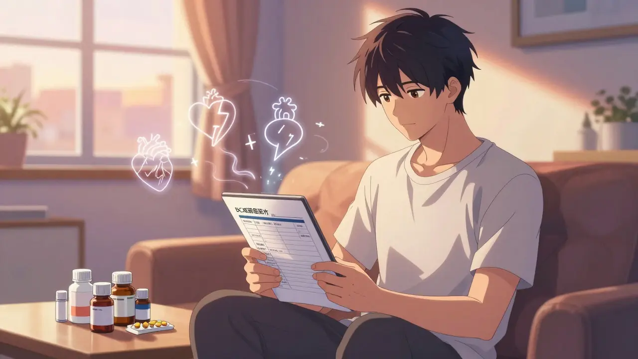 Relaxed anime man reviewing meds at home with abstract health symbols