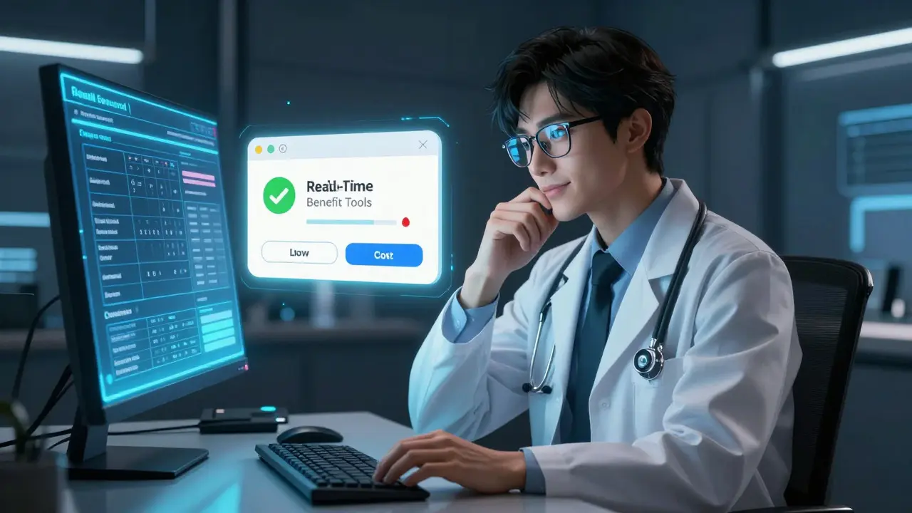 Stylish anime doctor using EHR system with helpful cost alert pop-up on screen.