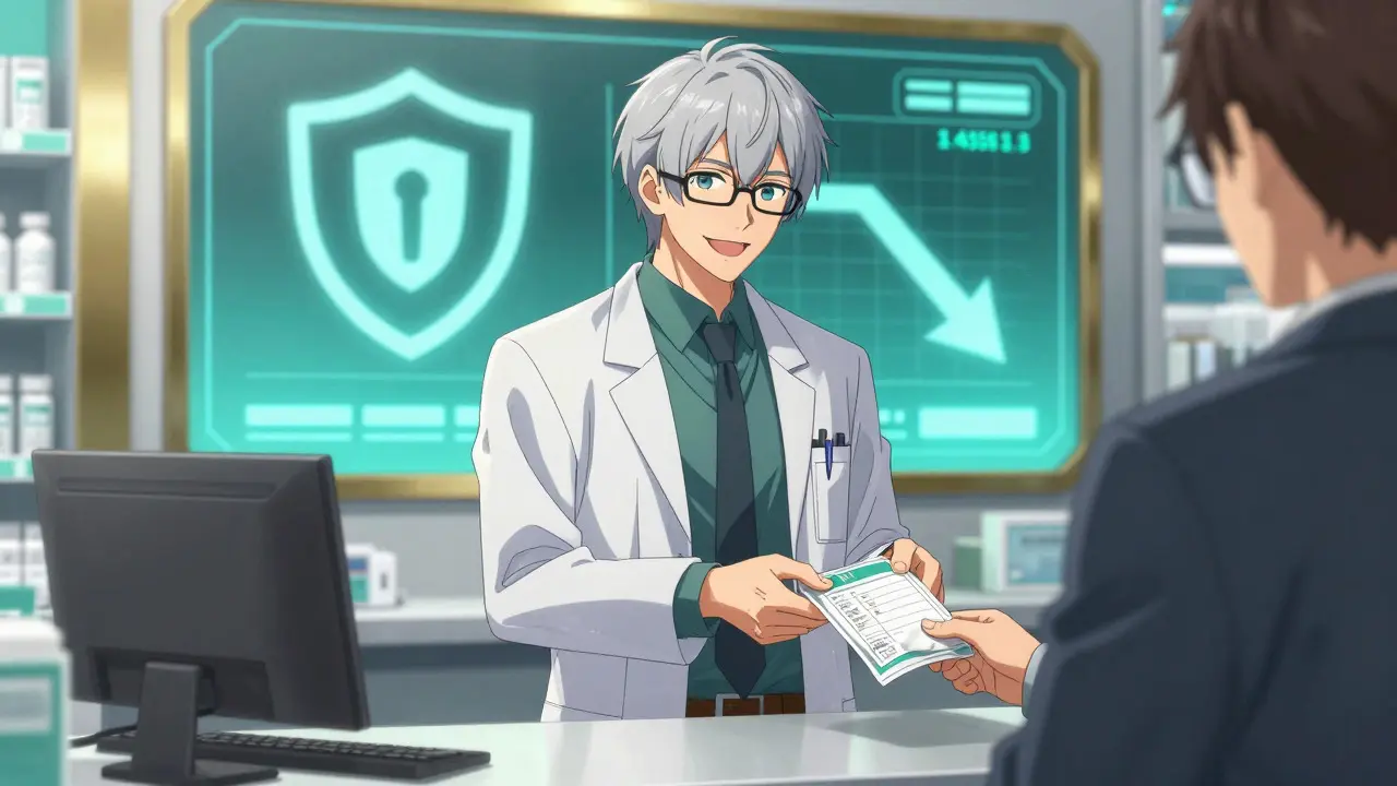 Stylish anime pharmacist offering safe, affordable medication