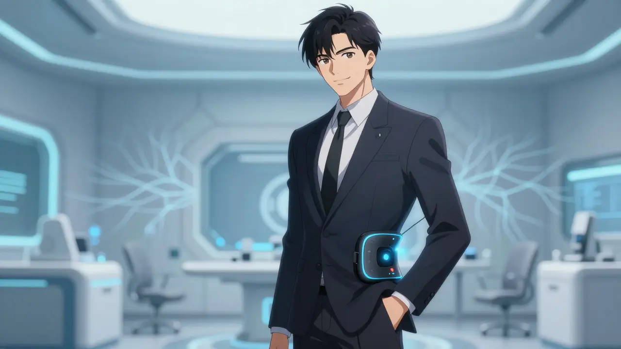 Stylish bishounen wearing a futuristic pain relief device