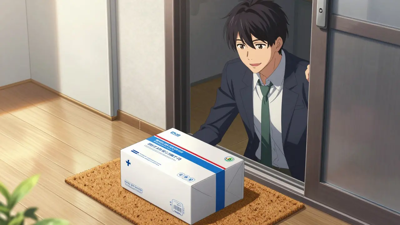 Young anime man receiving a medical delivery package at his door.