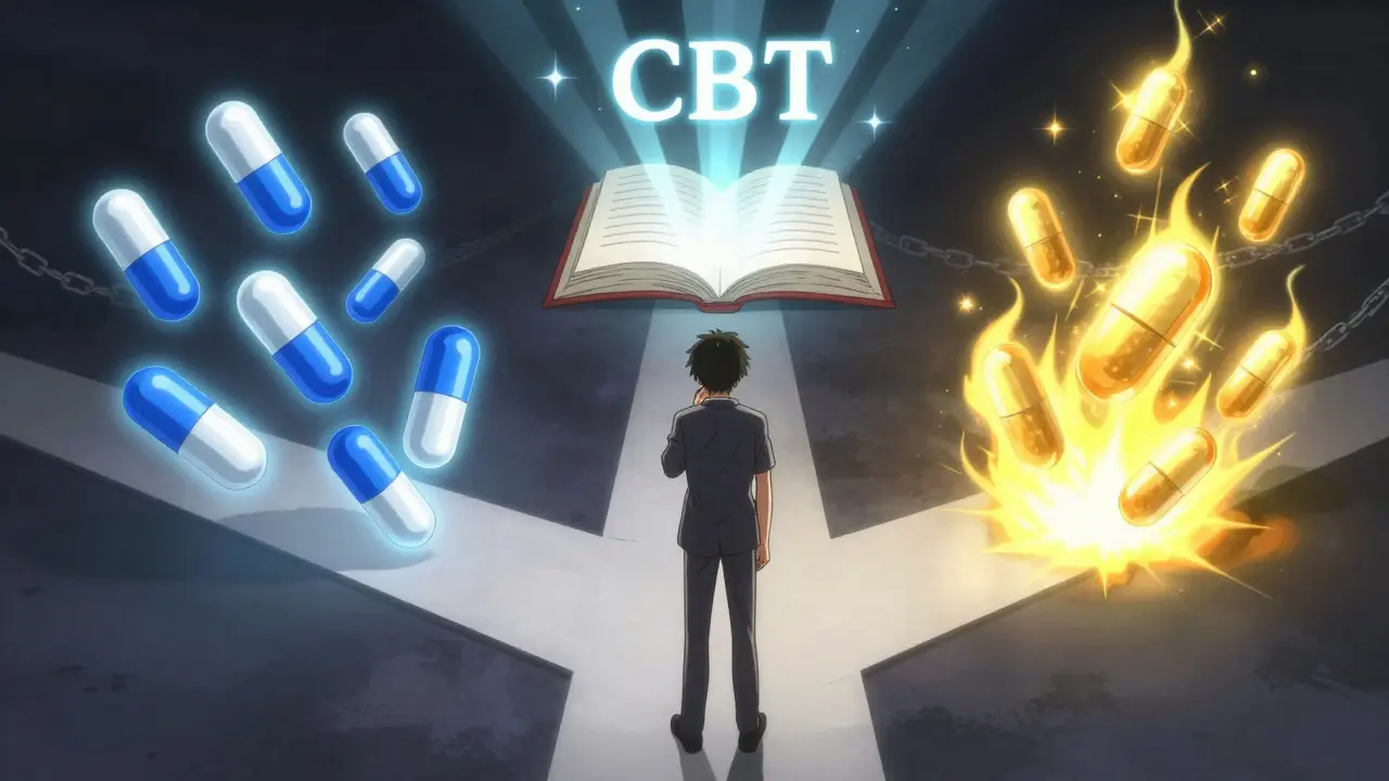 Young man choosing between SSRIs, Benzodiazepines, and CBT represented as symbolic paths